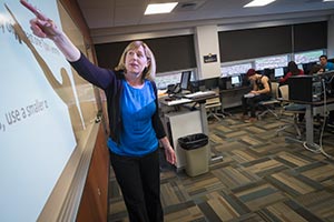 Faculty member lecturing at whiteboard